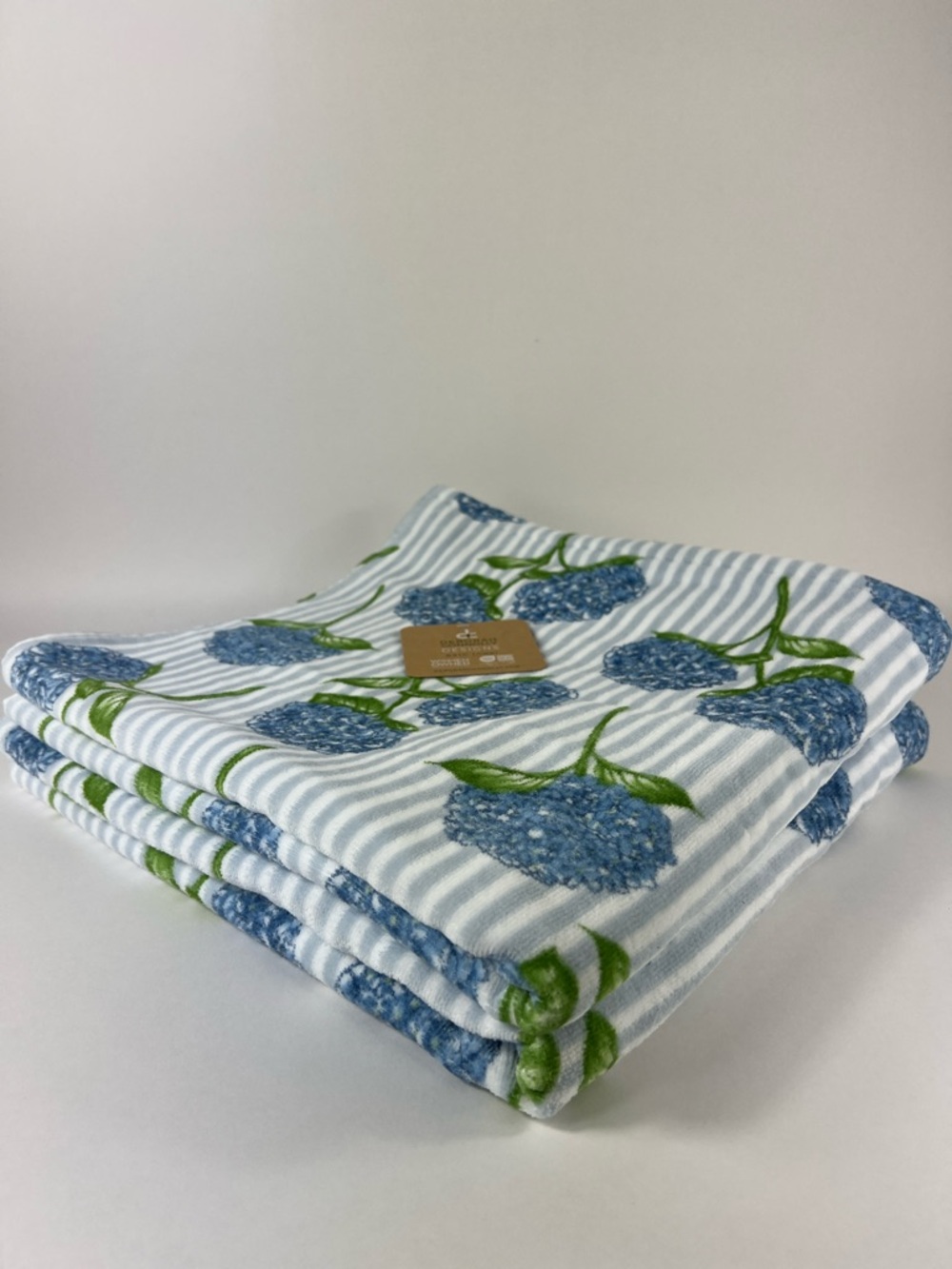 Deborah Connolly Bath Towels Floral Blue Hydrangea Striped Velour Set of 2 NEW